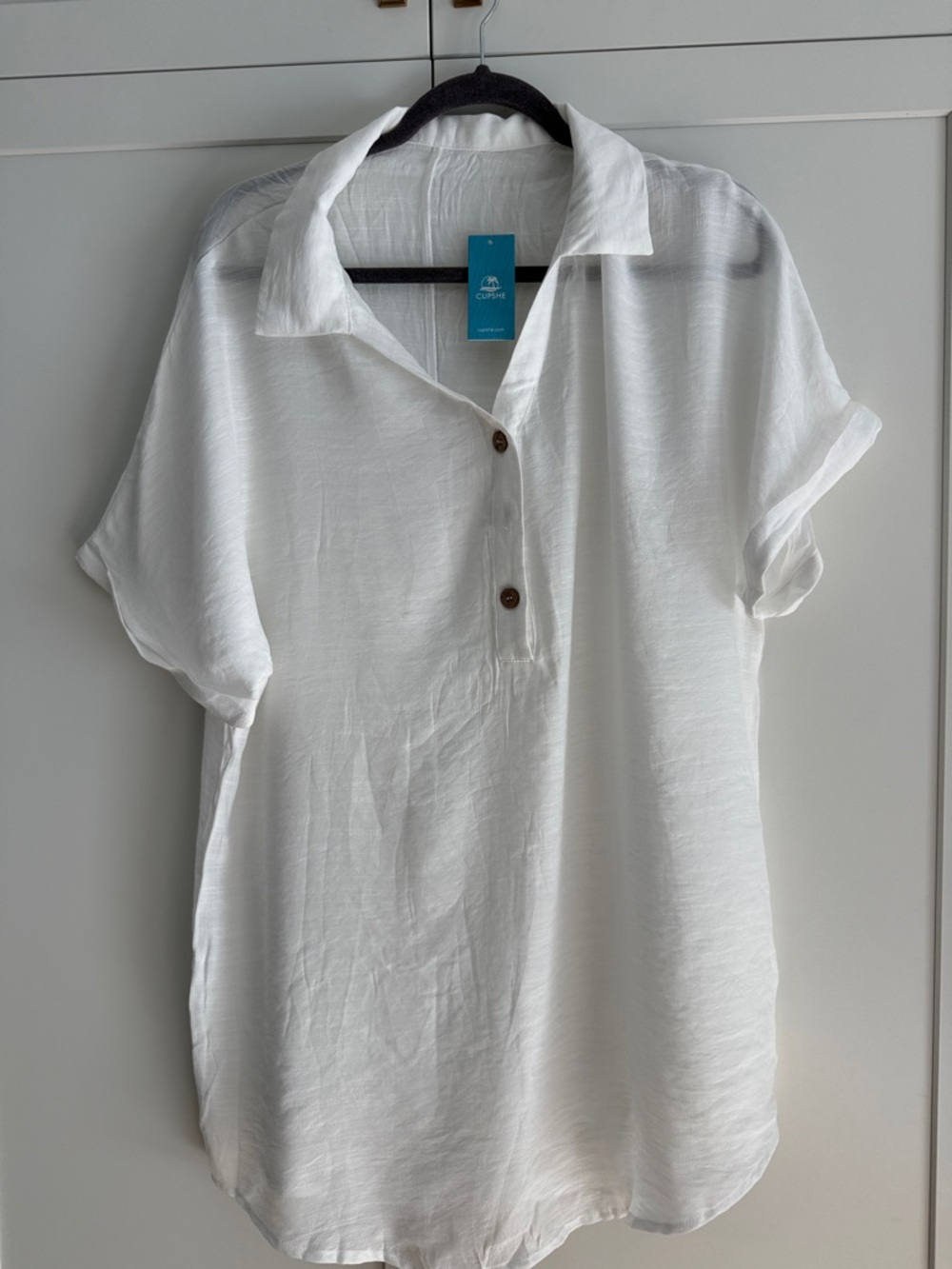 Cupshe White Short-Sleeve Linen-Blend Button Polo Tunic